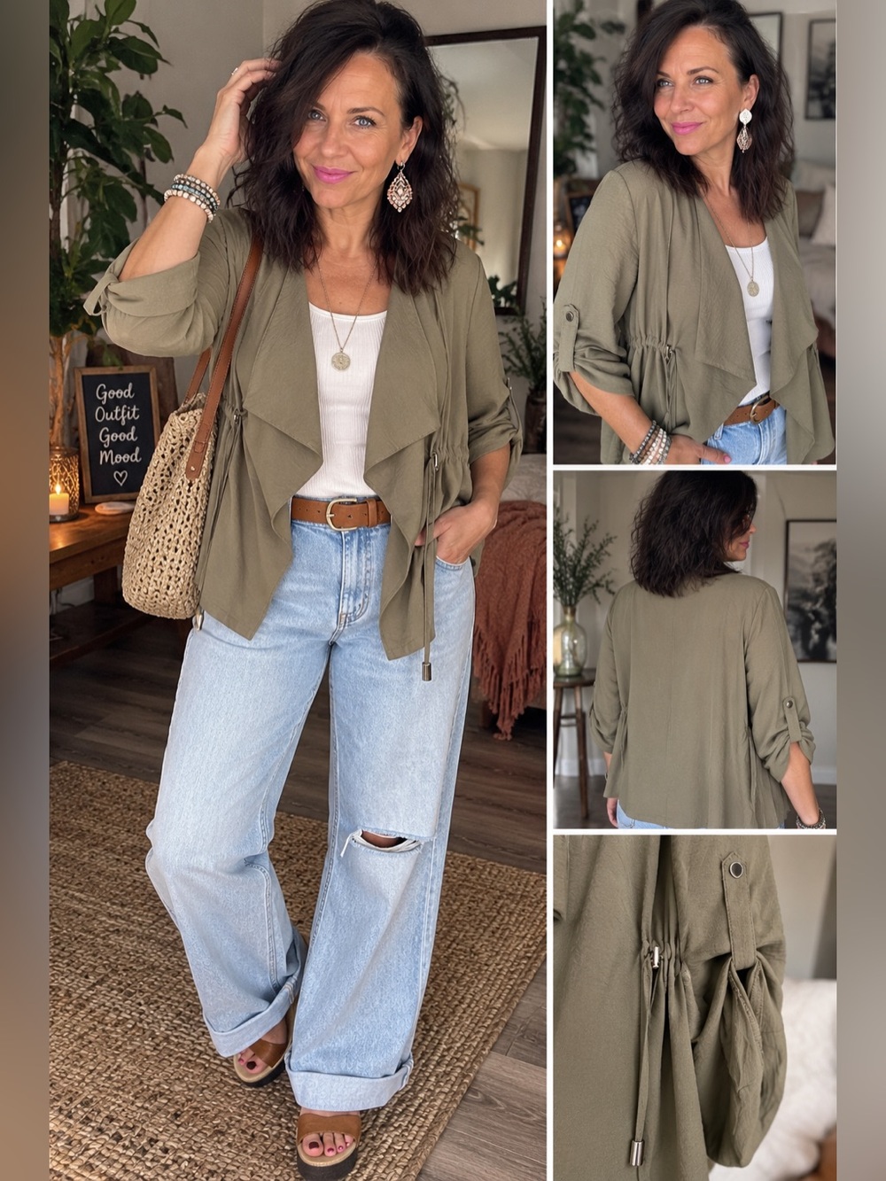 89th & Madison Olive Draped Utility Jacket Drawstring Waist L